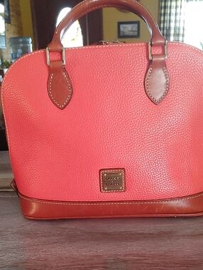 Dooney & Bourke Coral Pebbled Leather Satchel with Brown Trim